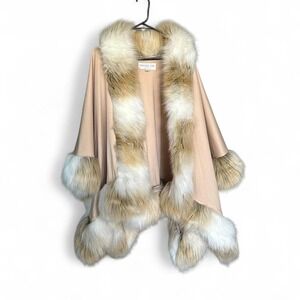 Donna Salyers Fabulous Fur Faux Fur-Trimmed Tan Beige Cream Cape One Size